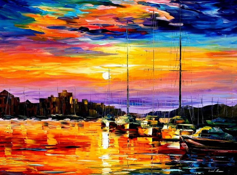 boats and sunset at sea, art, orange, sunset, abstract, sky, weather, sea, boats, paintings, purple, leonid afremov, blue, HD wallpaper