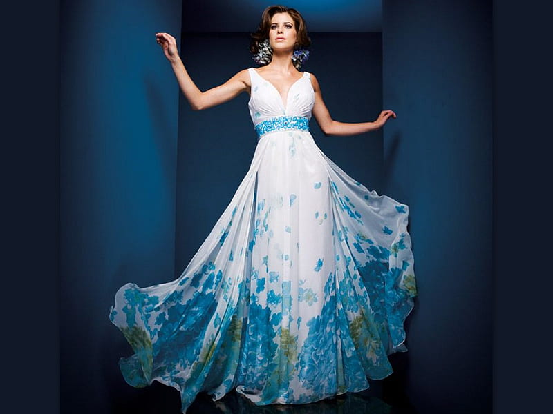 Long white and blue dress, dress, evening, white, blue, HD wallpaper