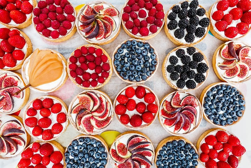Mini fruit tarts, red, tart, dessert, fruit, food, sweet, blue, view from the top, texture, pattern, HD wallpaper