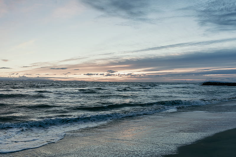 beach, sea, waves, horizon, dusk, HD wallpaper
