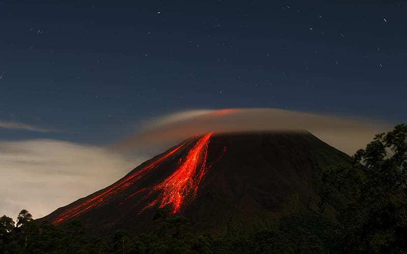 Night Fire, stars, forces of, cloud, time, eruption, covered, bonito, crater, volcano, lave, nature, night, HD wallpaper