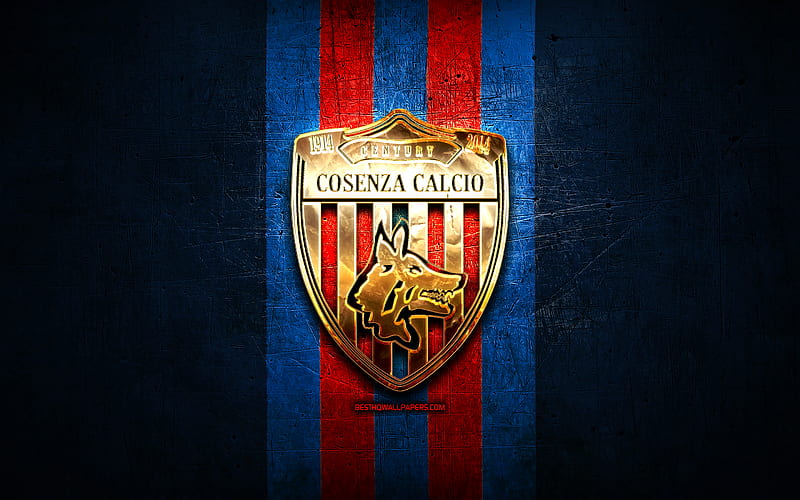 Cosenza FC, golden logo, Serie B, blue metal background, football, Cosenza Calcio, italian football club, Cosenza logo, soccer, Italy, HD wallpaper