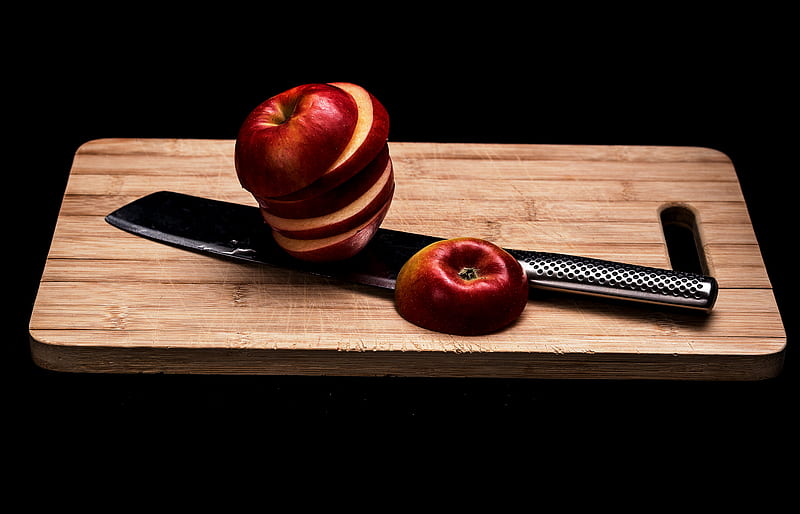 apple, fruit, slices, knife, HD wallpaper