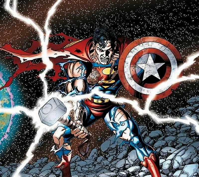 Ultimate Superman, crossover, dc, dc comics, marvel, mjolnir, vibranium, HD wallpaper