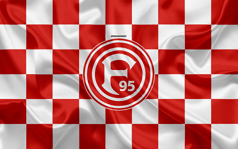 Fortuna Dusseldorf logo, creative art, red and white checkered flag, German football club, Bundesliga, emblem, silk texture, Dusseldorf, Germany, football, Dusseldorf FC, HD wallpaper