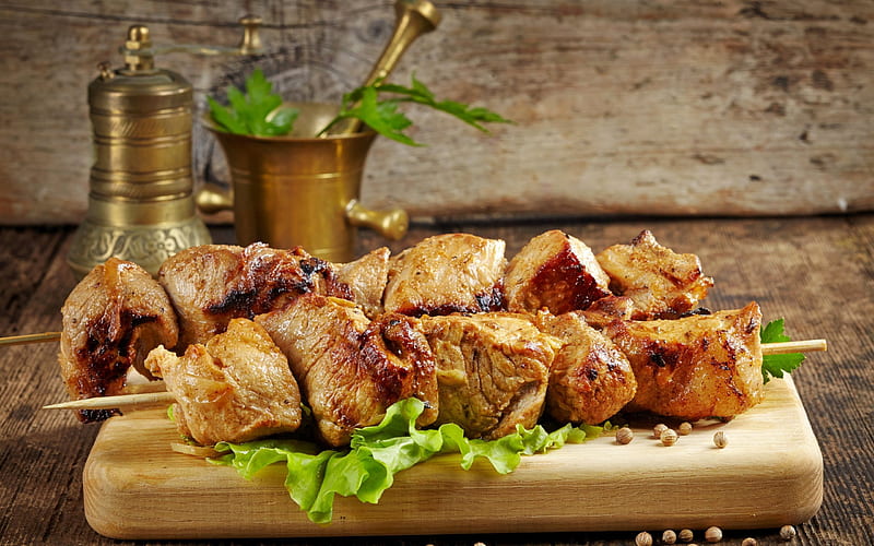kebabs, roast meat, pork, meat, meat dishes, HD wallpaper