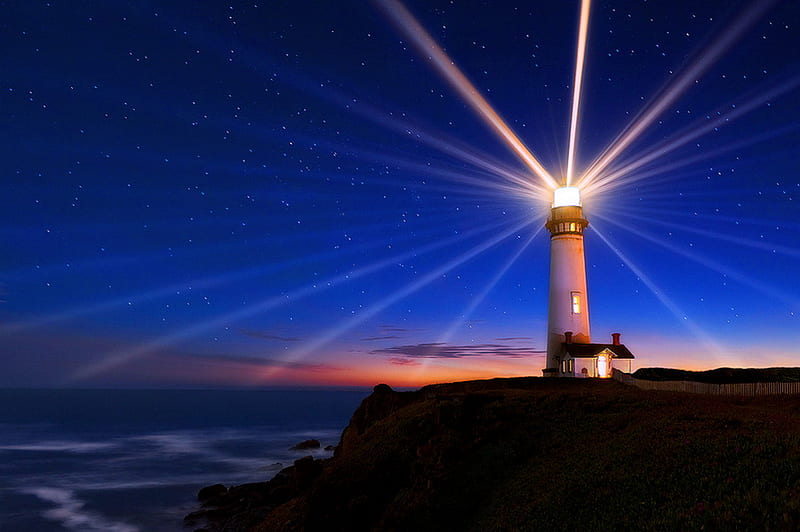Beacon's flare, stars, warning, ocean, blue sky, lighthouse, night, light, HD wallpaper