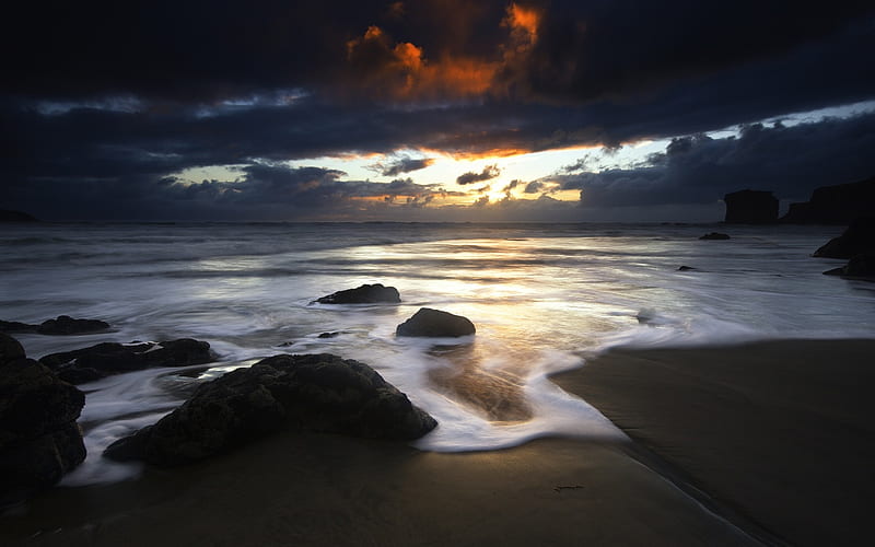 dark_tension, rocks, sunset, sky, clouds, rainy, wave, beach, sand, dark, nature, night, HD wallpaper