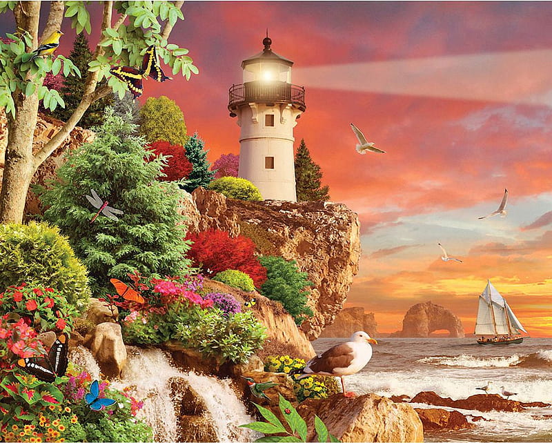 The Edge of Fantasy, plants, birds, sunset, cliff, sky, artwork, lighthouse, sea, digital, HD wallpaper