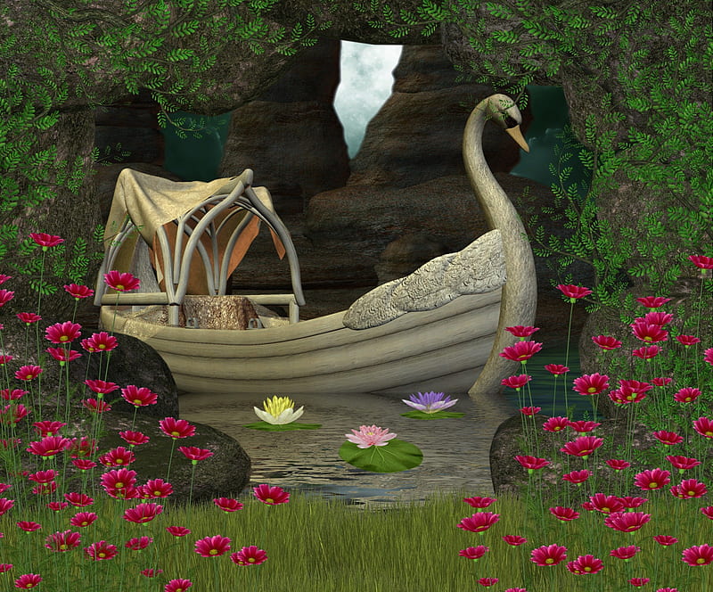 ✼.Classic of Swan Boat.✼, rocks, pretty, lotus, grass, digital Art, bonito, cave, sweet, leaves, boat, splendor, stock , flowers, animals, lovely, swan boat, premade, colors, lilies, pond, cute, cool, plants, backgrounds, nature, HD wallpaper