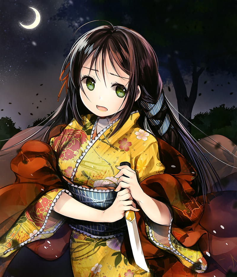 anime girl, black hair, kimono, crescent, knife, worried expression, night, Anime, HD phone wallpaper