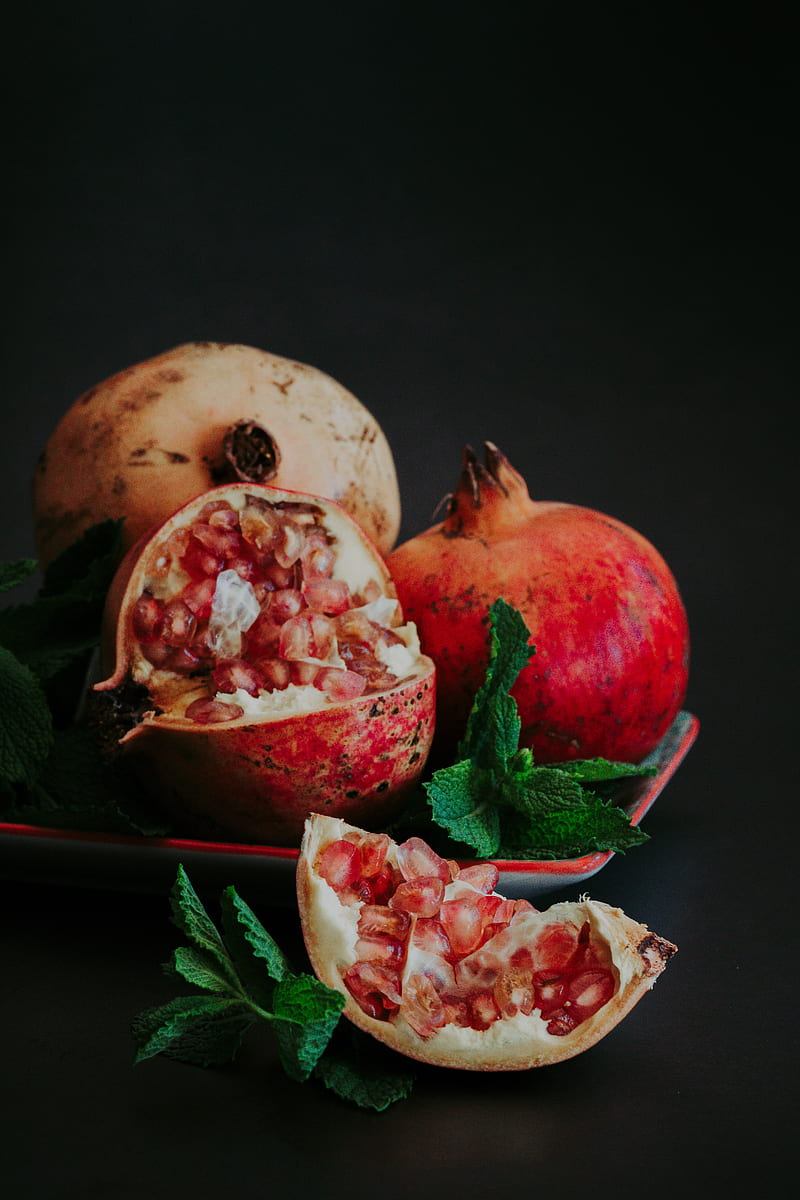 pomegranate, slice, fruit, still life, leaves, HD phone wallpaper