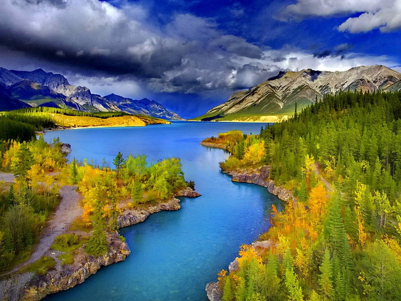 Lovely lakeview, colorful, riverbank, shore, bonito, clouds, mountain ...