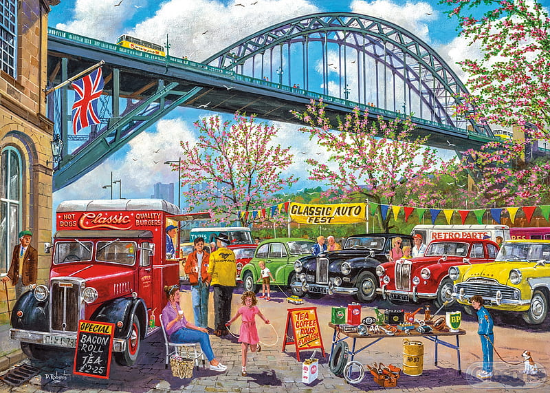 Newcastle, city, bridge, england, carros, painting, artwork, HD wallpaper