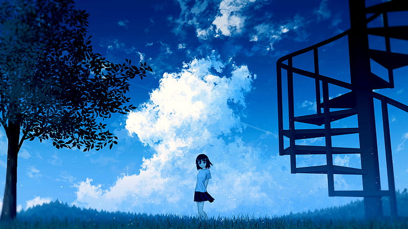 Anime Girl Alone Clouds Sky Scenery Art 4K Wallpaper iPhone HD