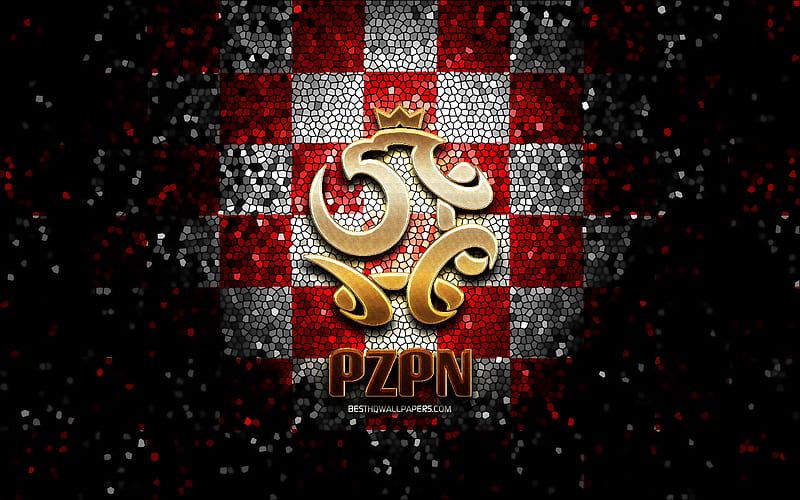 Polish football team, glitter logo, UEFA, Europe, red white checkered background, mosaic art, soccer, Poland National Football Team, PZPN logo, football, Poland, HD wallpaper
