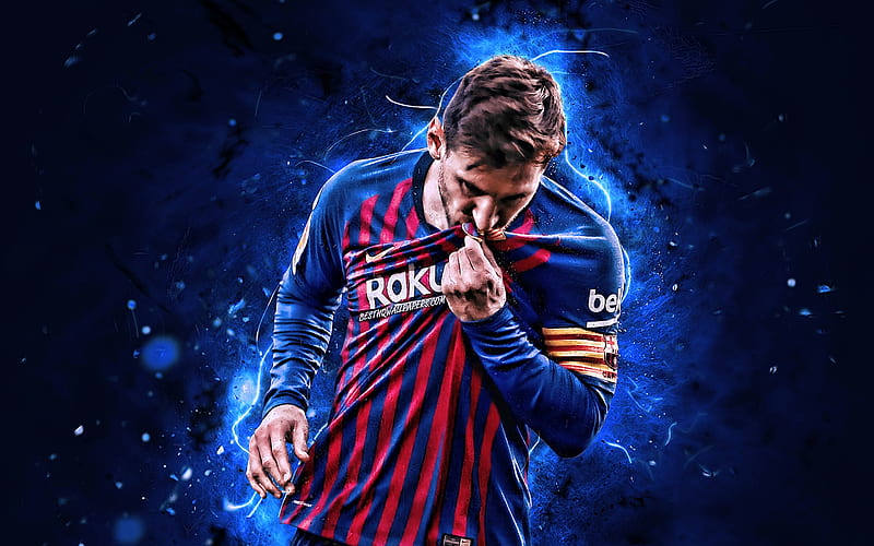 Lionel Messi, 2019, football stars, Barcelona FC, kiss emblem, argentinian footballers, FCB, La Liga, Messi, Leo Messi, soccer, neon lights, LaLiga, Spain, Barca, HD wallpaper
