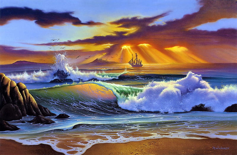 After the storm, art, cloud, luminos, wave, sea, beach, vara, ship, summer, painting, pictura, HD wallpaper