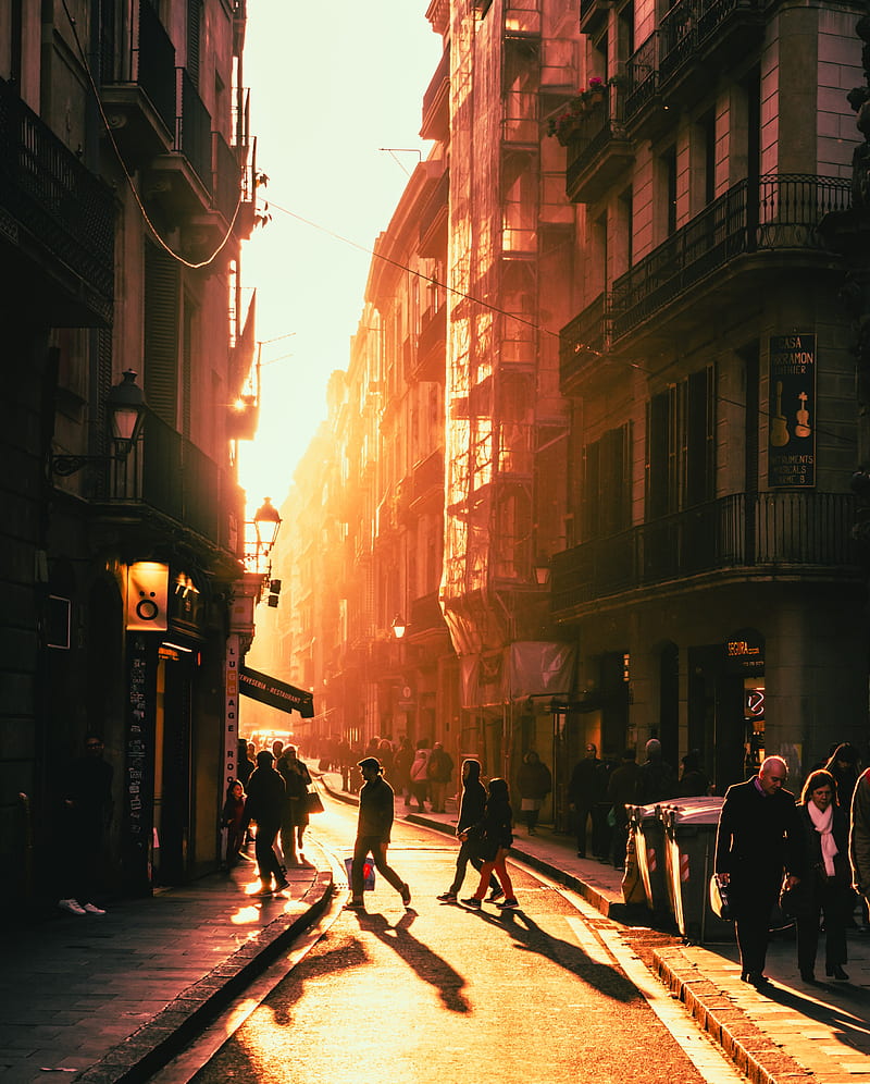 Simon Zhu, Barcelona, urban, sunset, street, Spain, people, HD phone wallpaper