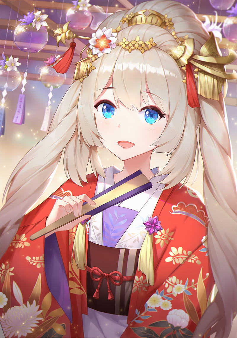 Anime Girl Blue Eyes Blonde Long Hair Traditional Clothes Anime
