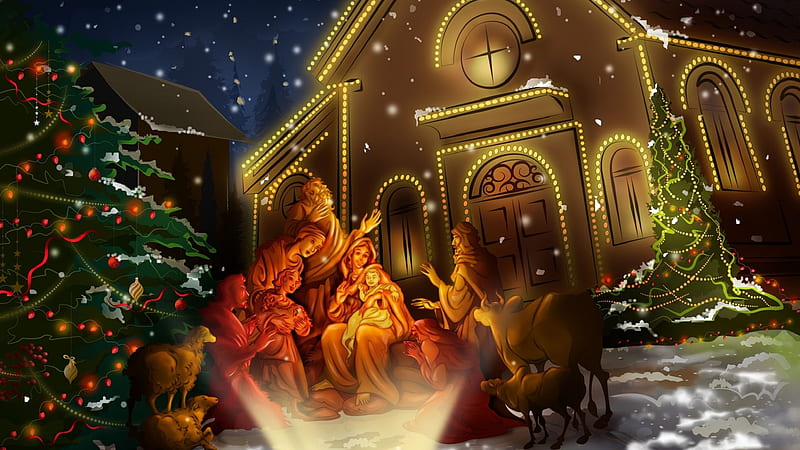 The Nativity, baby Jesus, savior, wise men, nativity scene, Mary, Christmas, church, manger, Joseph, Shepards, animals, HD wallpaper