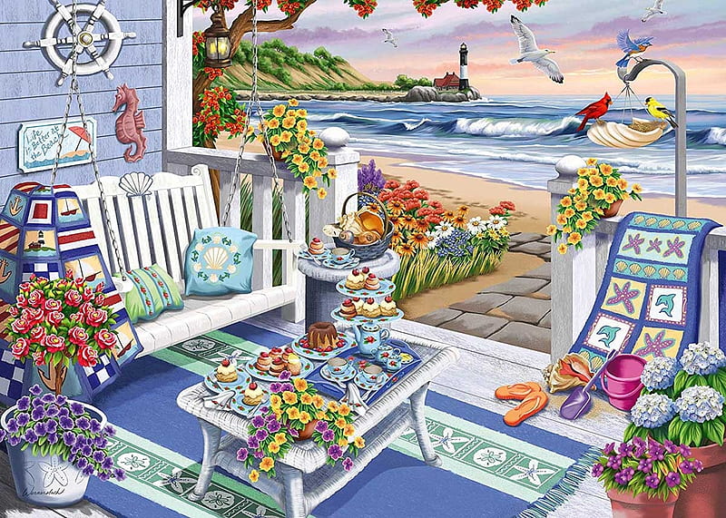 Seaside Sunshine, side, porch, sea, beach, ocean, jigsaw, HD wallpaper