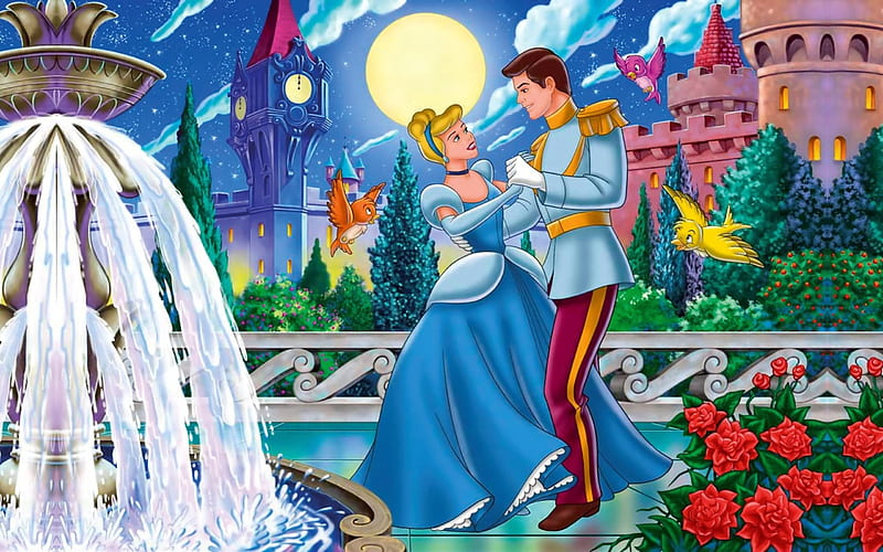 ~So This Is Love~, colorful, fountain, Disney, movie, romantic, magic, prince, dancing, cinderella, moon, flowers, castle, princess, night, HD wallpaper