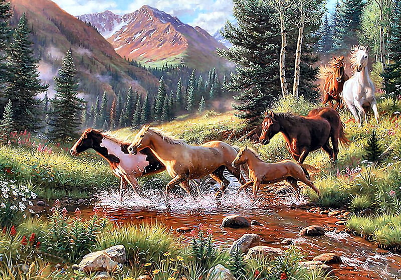 Mountain Thunder - Horses F1, art, equine, bonito, horse, artwork, horses, animal, painting, wide screen, river, HD wallpaper