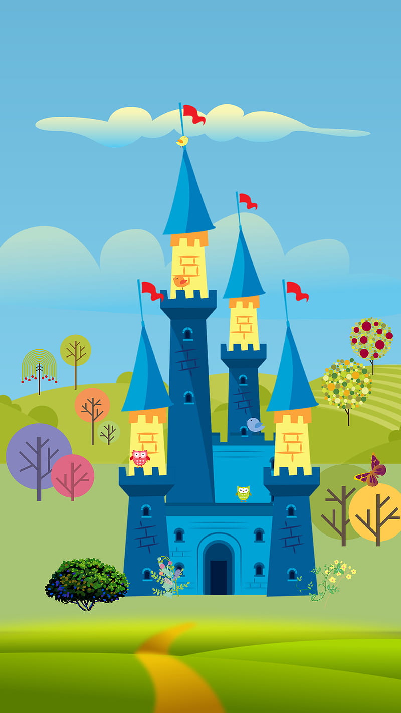 Castle, birds, cartoons, drawing, fantasy, flowers, owls, scenery, season,  spring, HD phone wallpaper | Peakpx