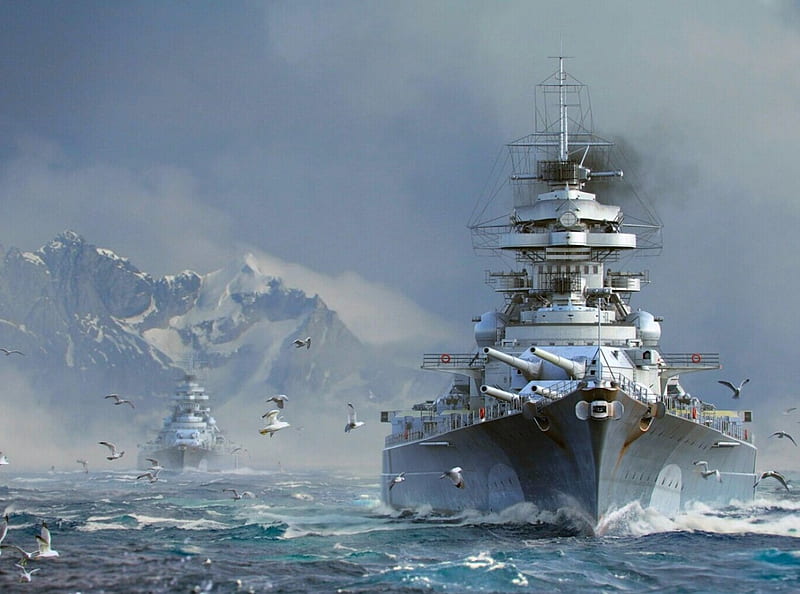 Battleship Bismarck and Tirpitz, Bismarck, Tirpitz, Battleship, Ocean, World of warships, Art, HD wallpaper