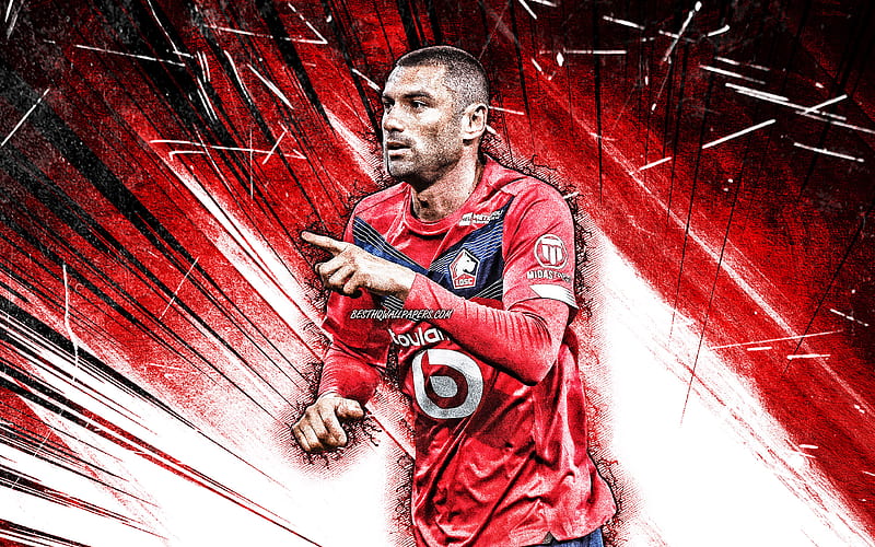 Burak Yilmaz, grunge art, turkish footballers, Lille FC, Ligue 1, soccer, red abstract rays, LOSC Lille, Burak Yilmaz , Burak Yilmaz Lille, HD wallpaper