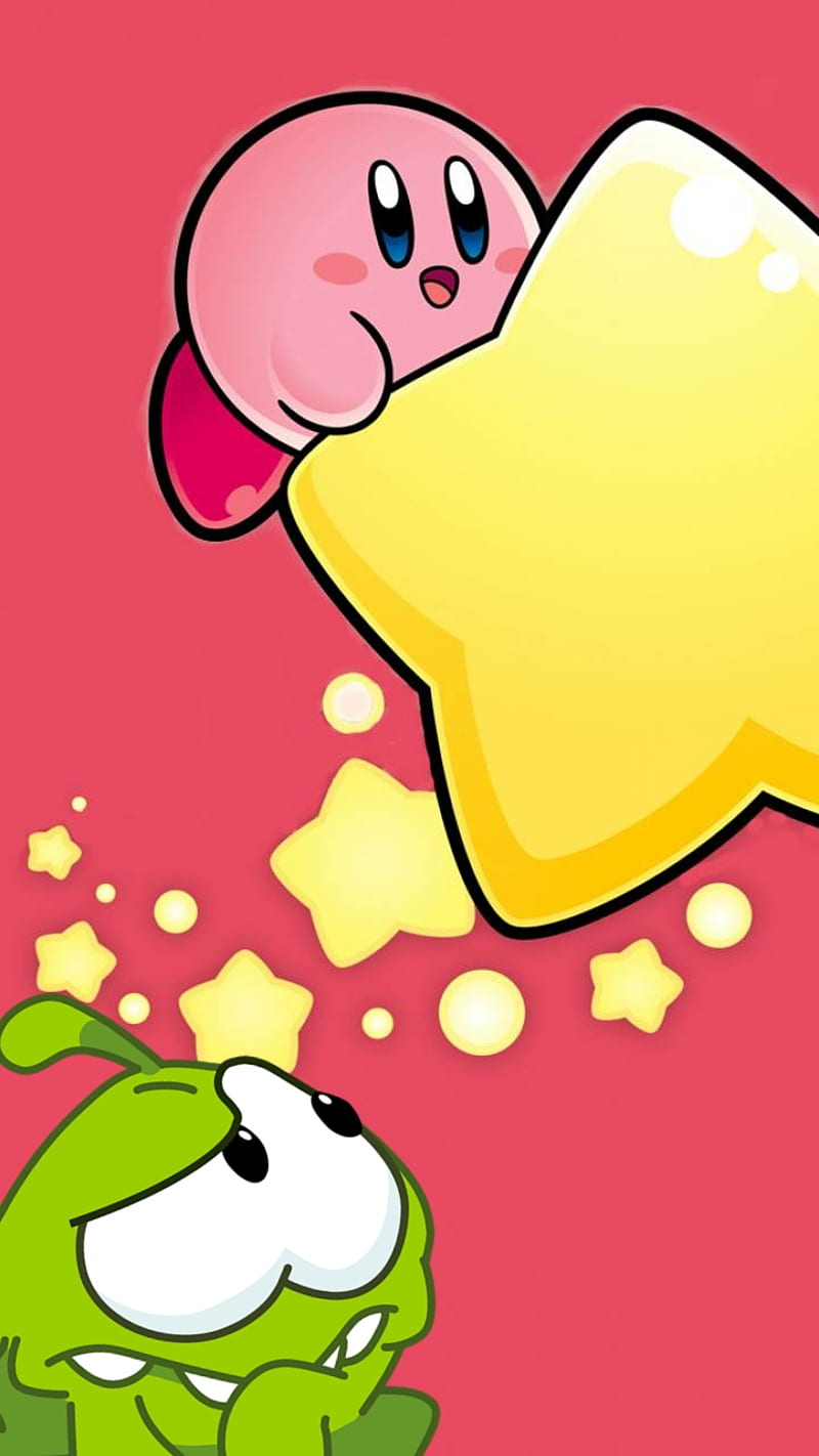 Kirby and Om-Nom, cartoon, cute, nom, om, star, HD phone wallpaper