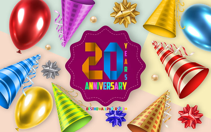 20th Anniversary, Greeting Card, Anniversary Balloon Background, creative art, 20 Years Anniversary, silk bows, 20th Anniversary sign, Anniversary Background, HD wallpaper