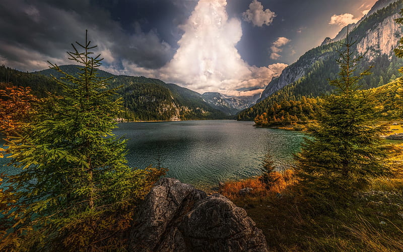 mountain lake, forest, autumn, mountain landscape, autumn landscape, R, Austria, HD wallpaper