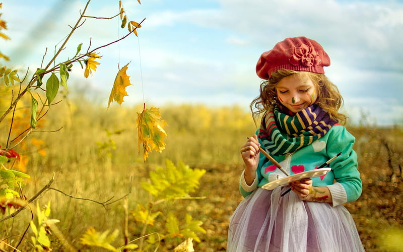 Sweet Girl, pretty, autumn leaves, adorable, clouds, sweet, splendor, love, hand, beauty, face, lovely, sky, trees, happy, hands, eyes, autumn, little, bonito, brush, kid, hair, leaves, painting, autumn splendor, little lady, smile, leaf, tree, girl, autumn colors, painter, nature, HD wallpaper