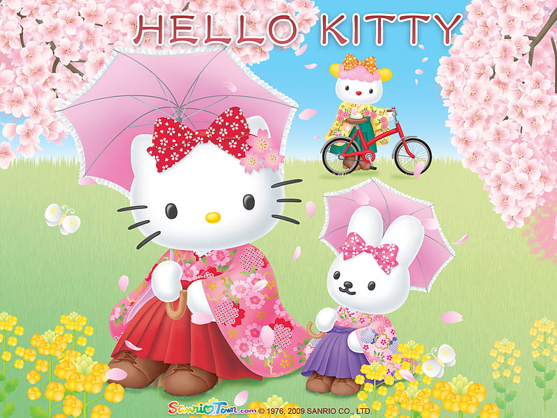 Hello Kitty, japanese, sanrio, meadow, cherry blossom trees, HD wallpaper