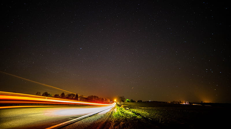 road, long exposure, starry sky, stars, night, HD wallpaper