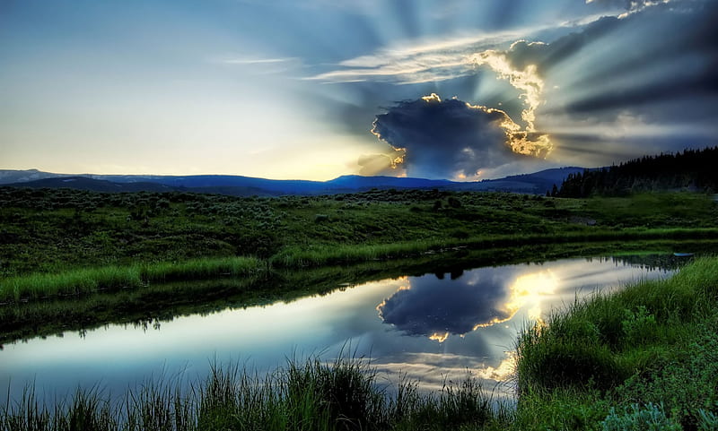 The Sun Hides Behind a Cloud, sun, grass, trees, sky, clouds, lake, mountain, hides, nature, reflection, HD wallpaper