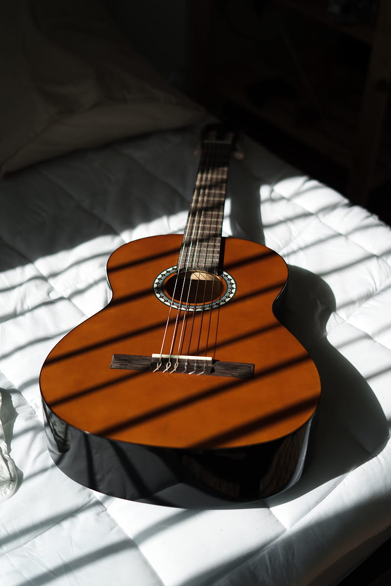 acoustic guitar, guitar, musical instrument, stripes, sheet, HD phone wallpaper