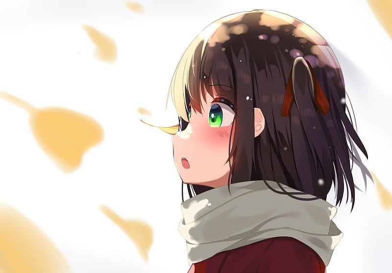 anime girl, scarf, brown hair, profile view, green eyes, Anime, HD wallpaper
