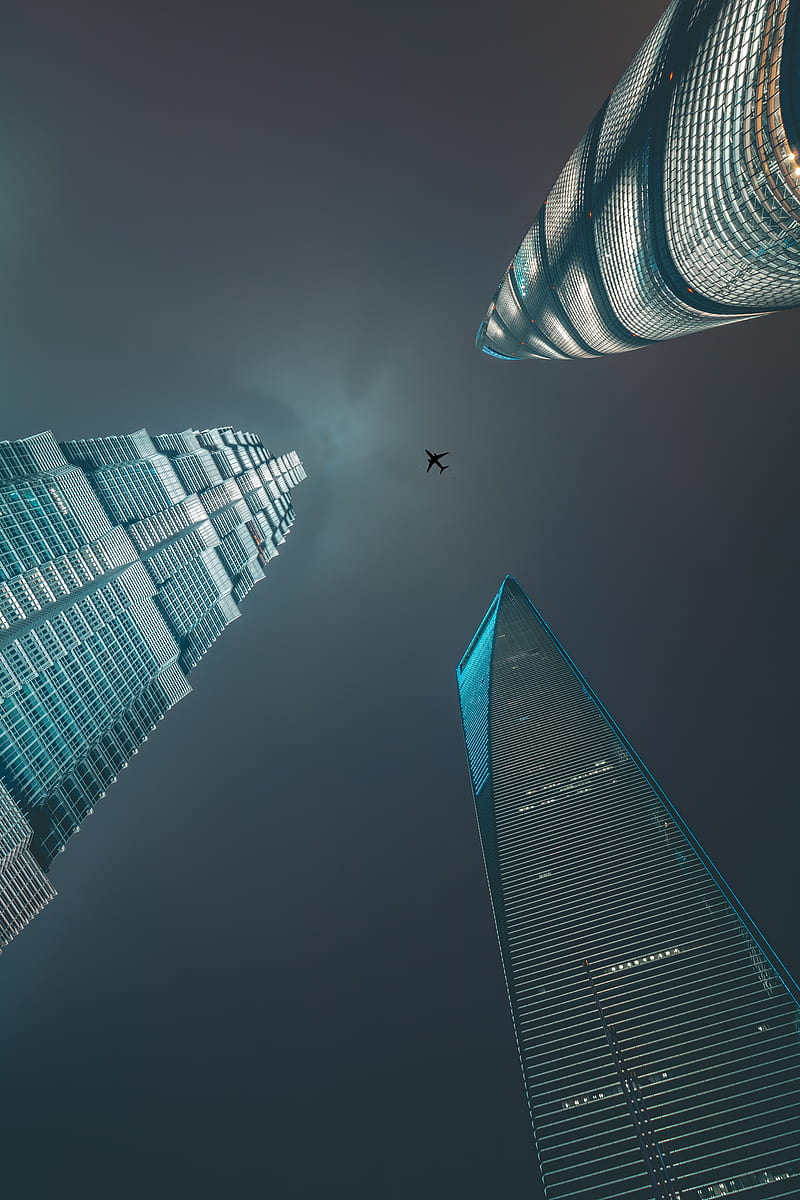 skyscrapers, bottom view, plane, minimalism, HD phone wallpaper