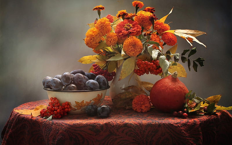 Still life, Marigolds, Pumpkin, Berries, HD wallpaper