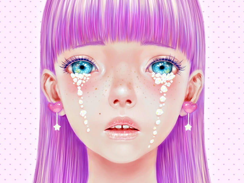 Crystal tears, fantasy, girl, tears, crystal, face, saccstry, pink, blue, HD wallpaper