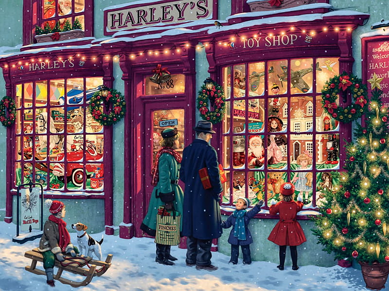 Harley's Toy Shop F5Cmp, Christmas, December, illustration, artwork, canine, painting, wide screen, scenery, dog, art, holiday, toy shop, sled, winter, pet, snow, occasion, HD wallpaper