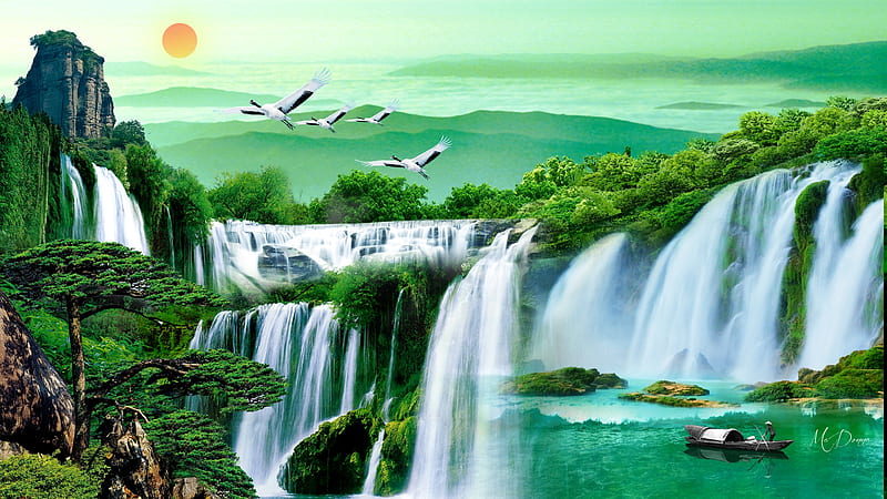 Many Waterfalls, birds, spring, waterfalls, Asian, falls, Firefox theme, trees, boat, moon, green, summer, HD wallpaper