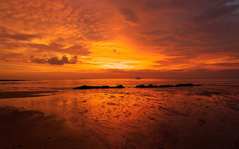 Red Sky Ocean, red, reef, sun, orange, black, yellow, sunset, silhouette, clouds, beach, boat, sand, texture, HD wallpaper