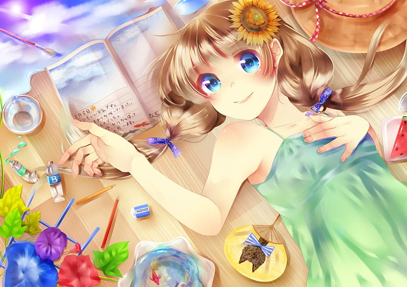 Today Is a Good Day, colorful, fish, book, ponytails, anime, blue eyes, spoon, paint, brown hair, sunflower, paintbrush, hat, water, girl, watermelon, summer, fan, HD wallpaper