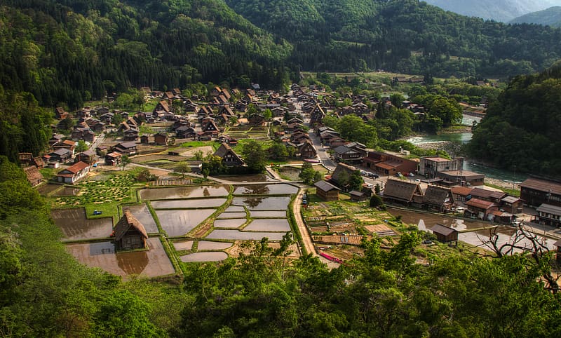 Mountain, Village, Countryside, , Gifu Prefecture, Ogimachi Village, HD wallpaper