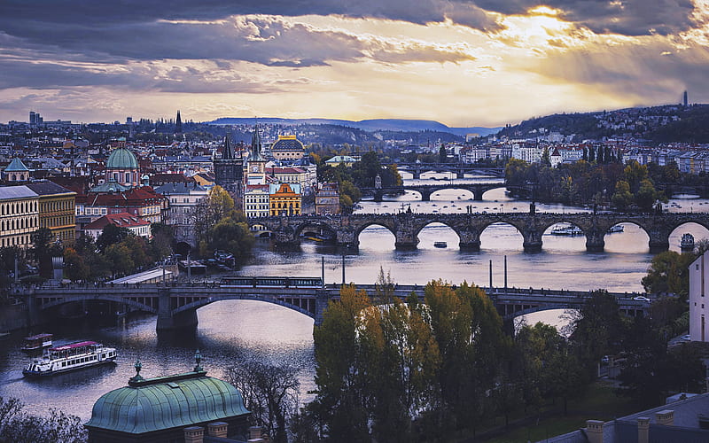 Prague sunset, bridges, skyline, Czech Republic, Europe, Prague in evening, HD wallpaper