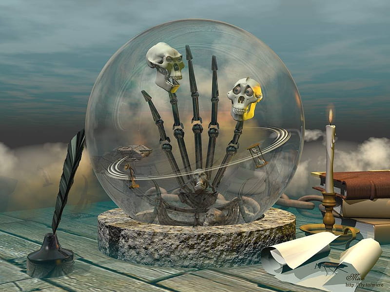 in the crystal ball, table, candle, skulls, pen, books, skeleton hand, paper, HD wallpaper